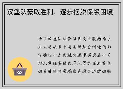 汉堡队豪取胜利，逐步摆脱保级困境