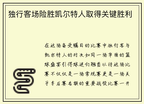 独行客场险胜凯尔特人取得关键胜利
