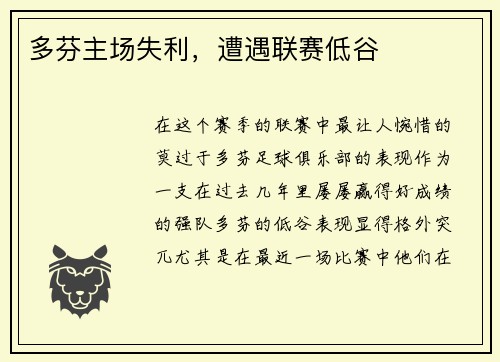 多芬主场失利，遭遇联赛低谷