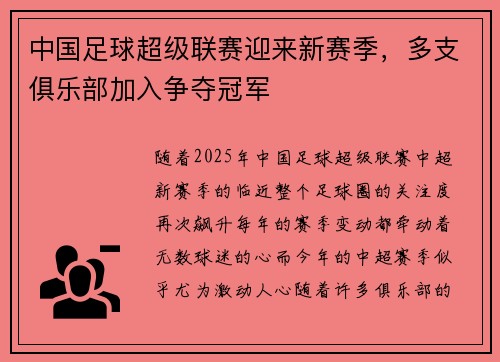 中国足球超级联赛迎来新赛季，多支俱乐部加入争夺冠军