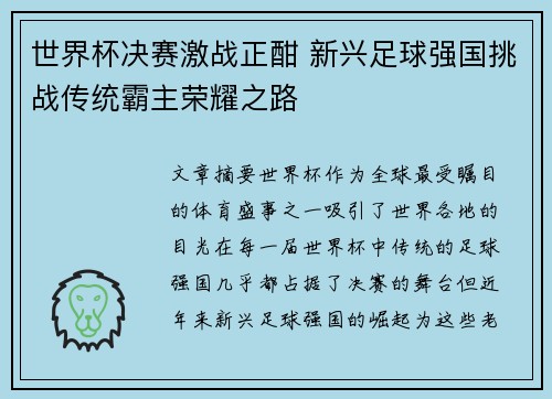 世界杯决赛激战正酣 新兴足球强国挑战传统霸主荣耀之路