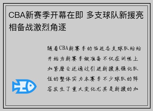 CBA新赛季开幕在即 多支球队新援亮相备战激烈角逐
